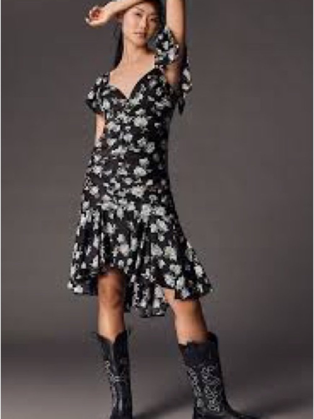 Anthropologie Black Floral High-Low Midi Dress